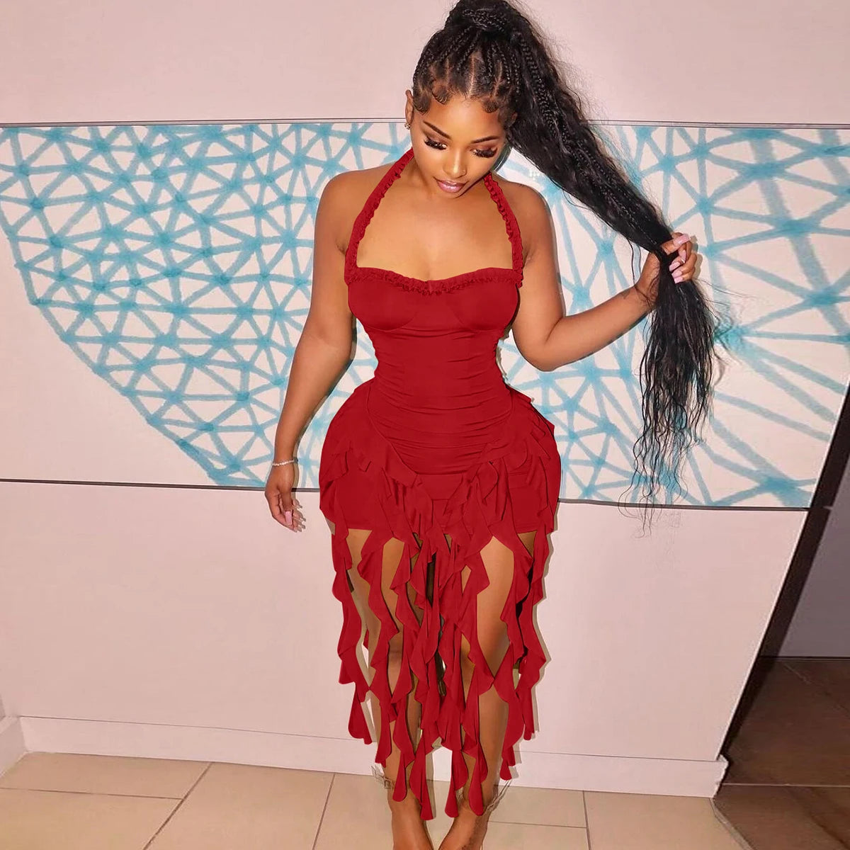 Hugcitar Elegant Halter Solid Ruffles Backless Taseel Sexy Slim