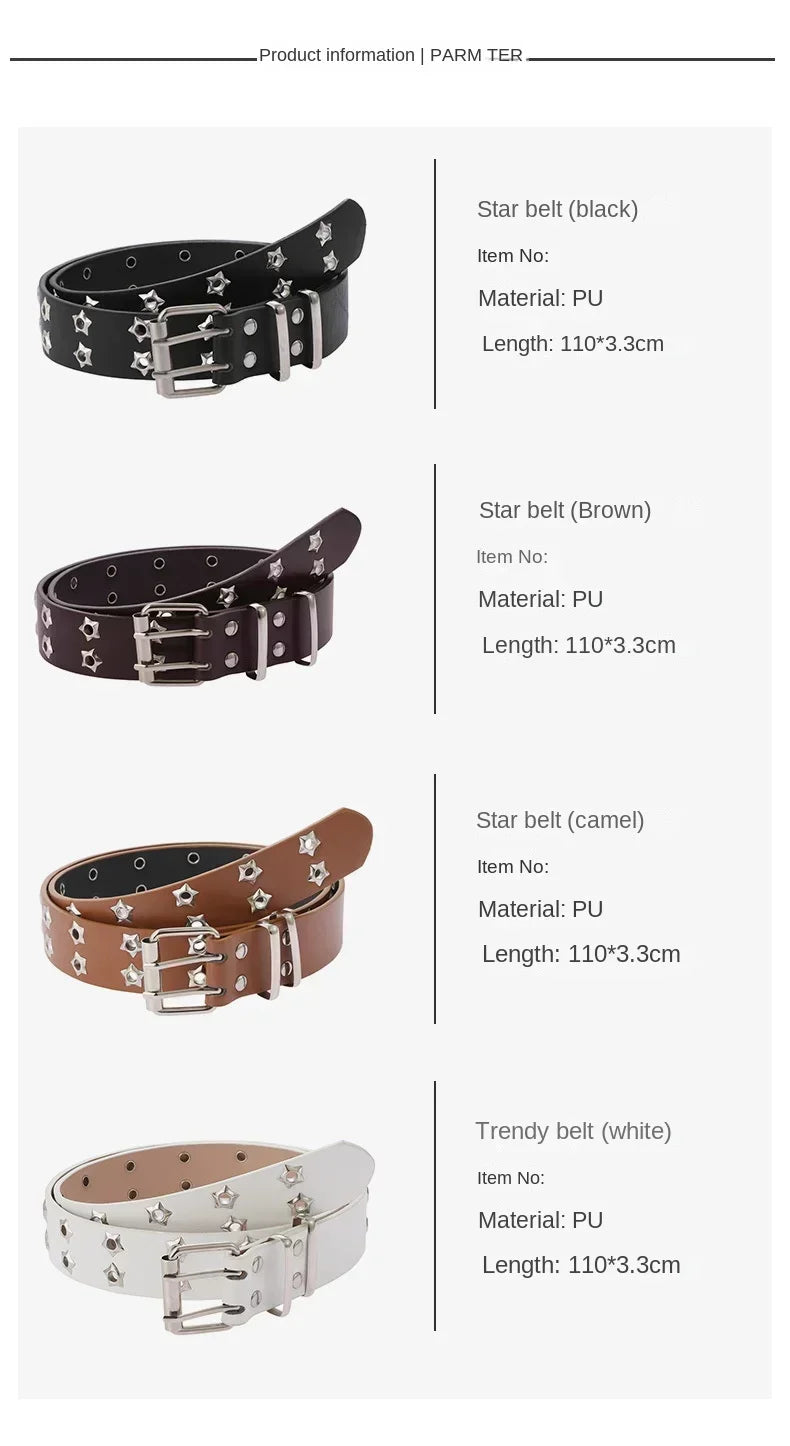 Star Eye Rivet Belt Goth Style Double Pin Buckle Men Woman Fashion Casual