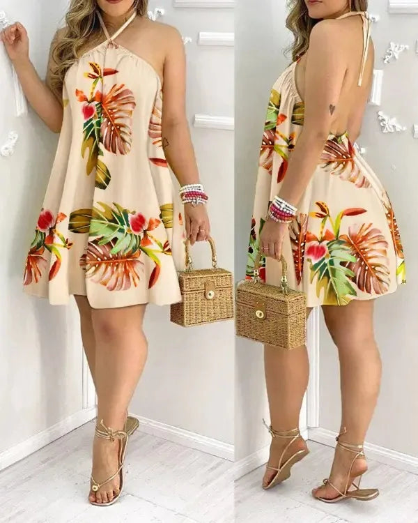 Floral Print Halter Neck Dress Boho Backless Halter Dress