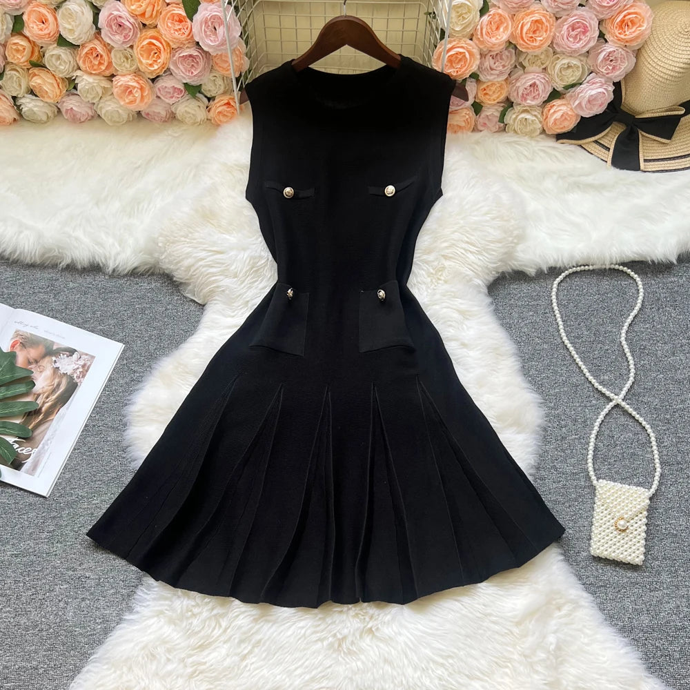 Summer Pleated Short Dress Women O-neck Slim Waist