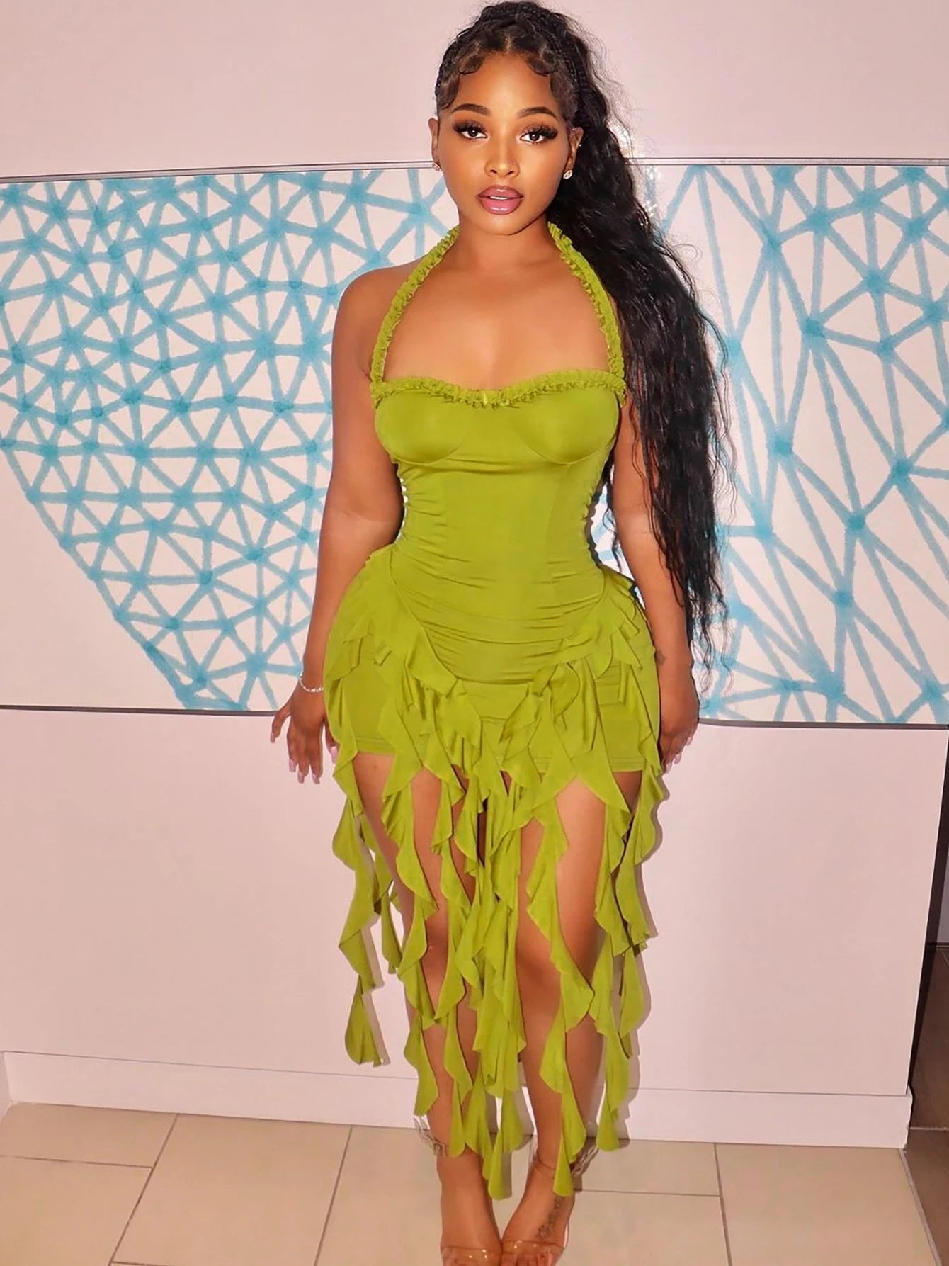 Hugcitar Elegant Halter Solid Ruffles Backless Taseel Sexy Slim