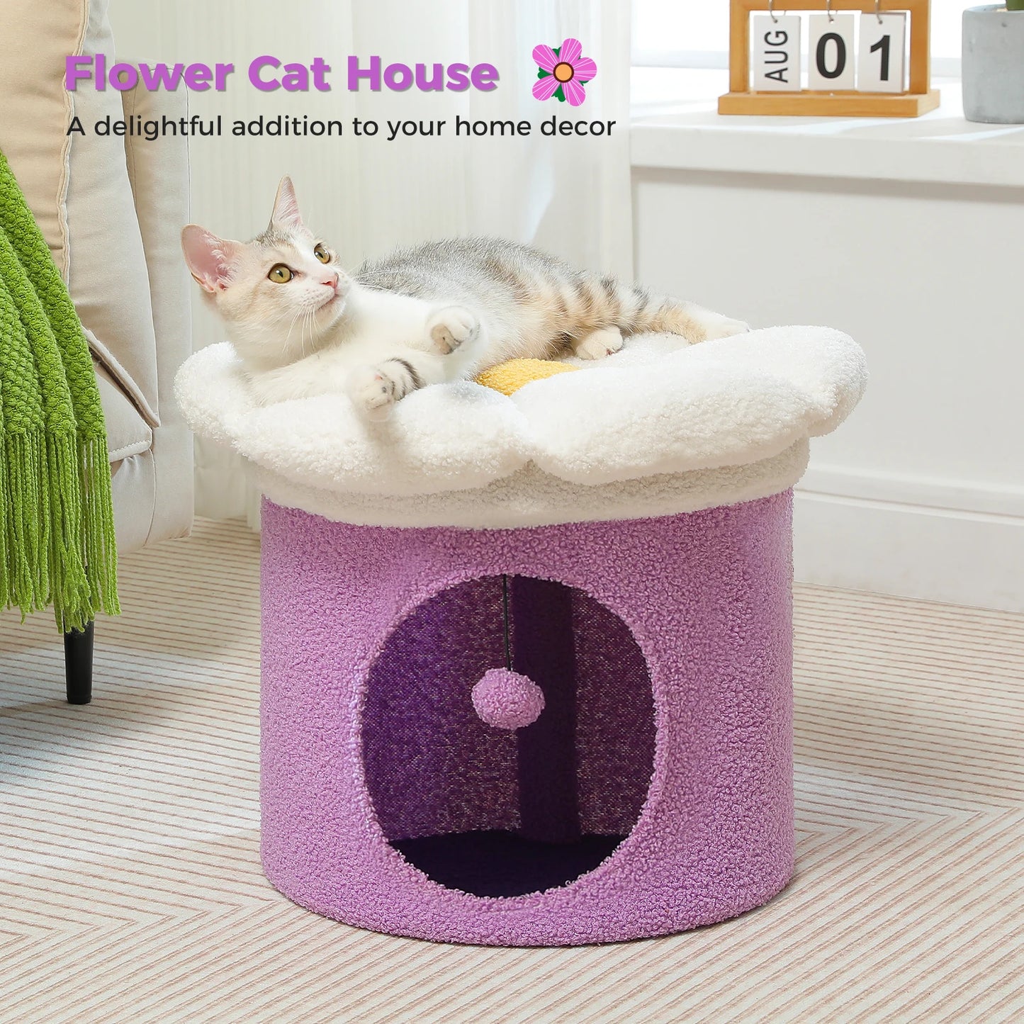 Cat Beds for Indoor Cats, Large Cat House with Removable Flower Cat Bed
