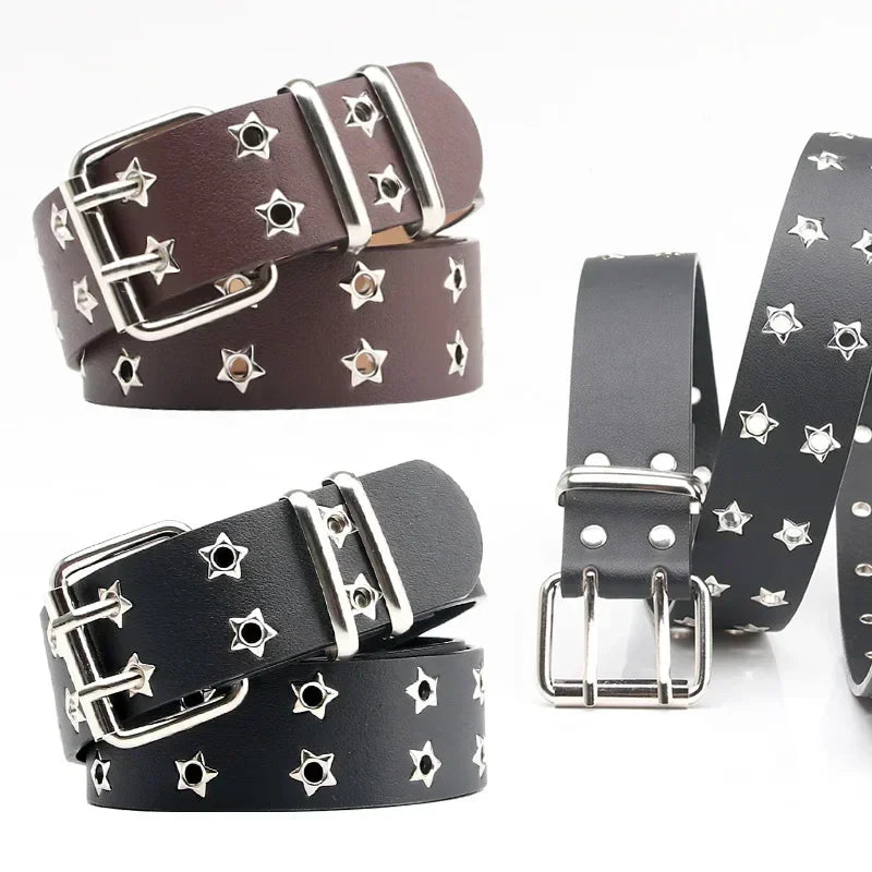 Star Eye Rivet Belt Goth Style Double Pin Buckle Men Woman Fashion Casual