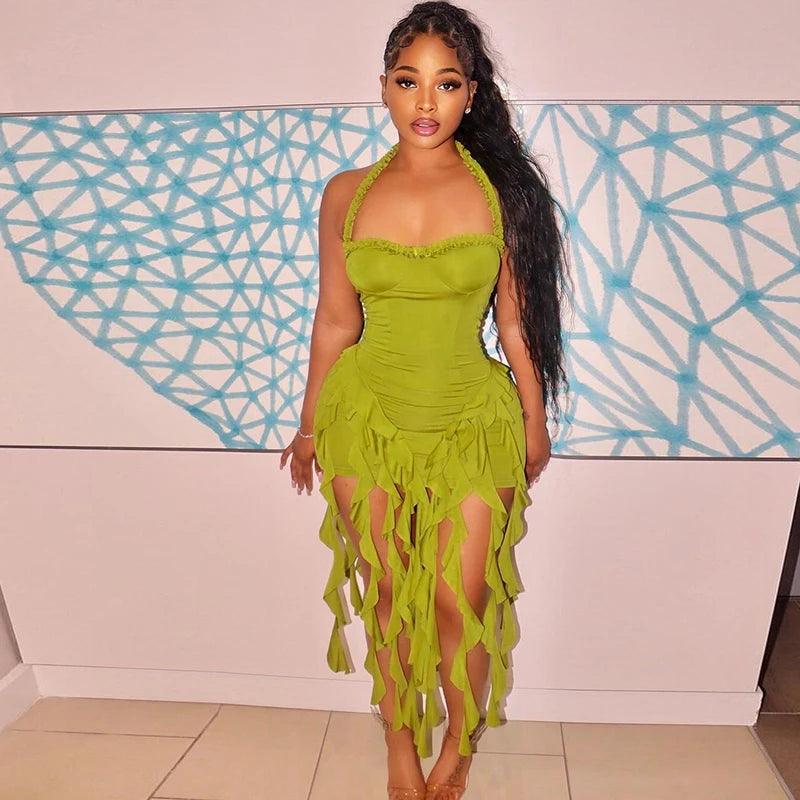 Hugcitar Elegant Halter Solid Ruffles Backless Taseel Sexy Slim