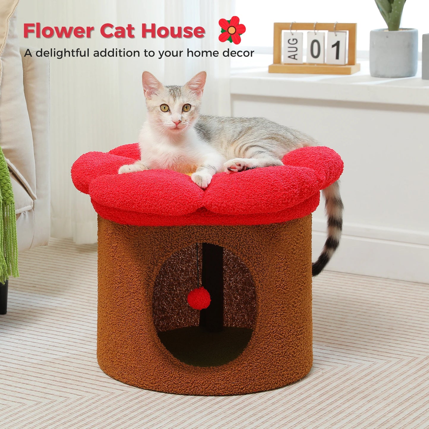 Cat Beds for Indoor Cats, Large Cat House with Removable Flower Cat Bed