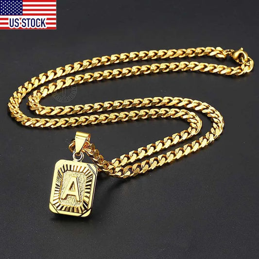A-Z Pendant Letter Necklace for Men Stainless Steel Curb Cuban Chain
