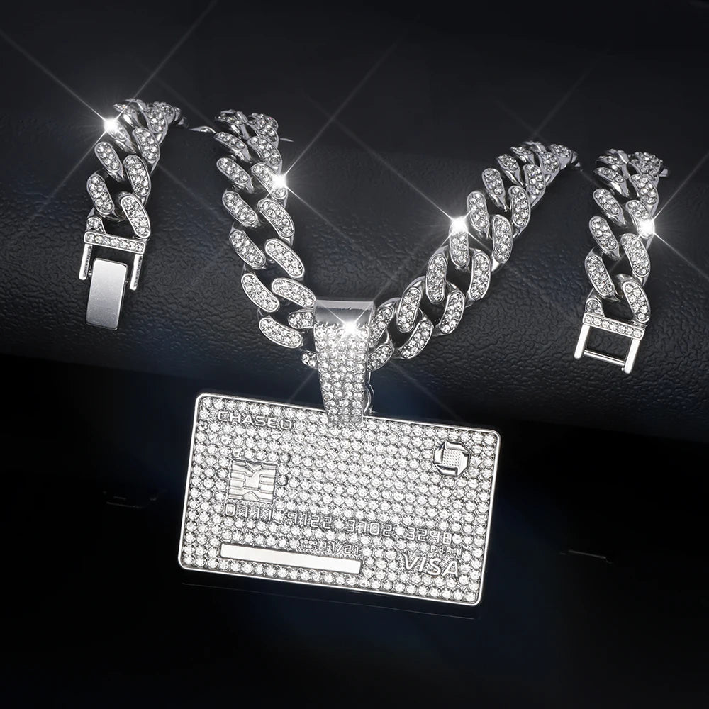 Man's Credit VISA Card Pendant With Zircon Miami Cuban Chain