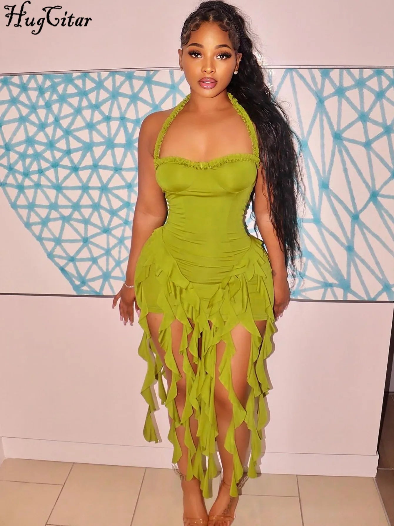 Hugcitar Elegant Halter Solid Ruffles Backless Taseel Sexy Slim