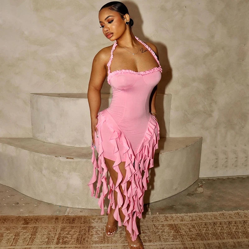 Hugcitar Elegant Halter Solid Ruffles Backless Taseel Sexy Slim