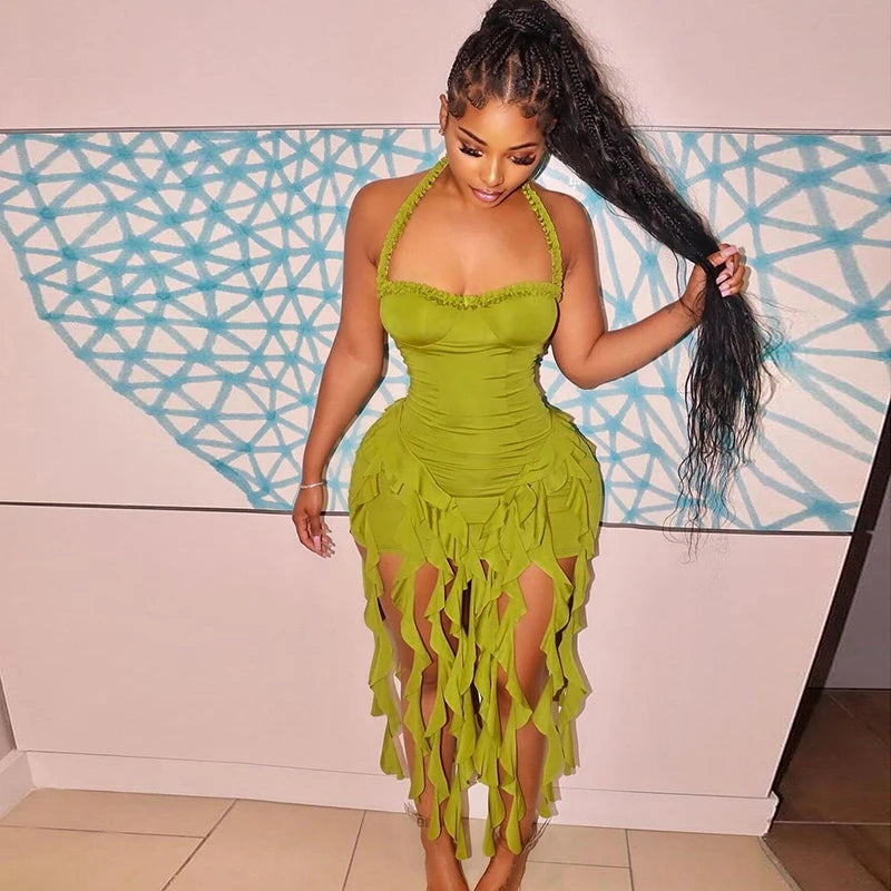 Hugcitar Elegant Halter Solid Ruffles Backless Taseel Sexy Slim