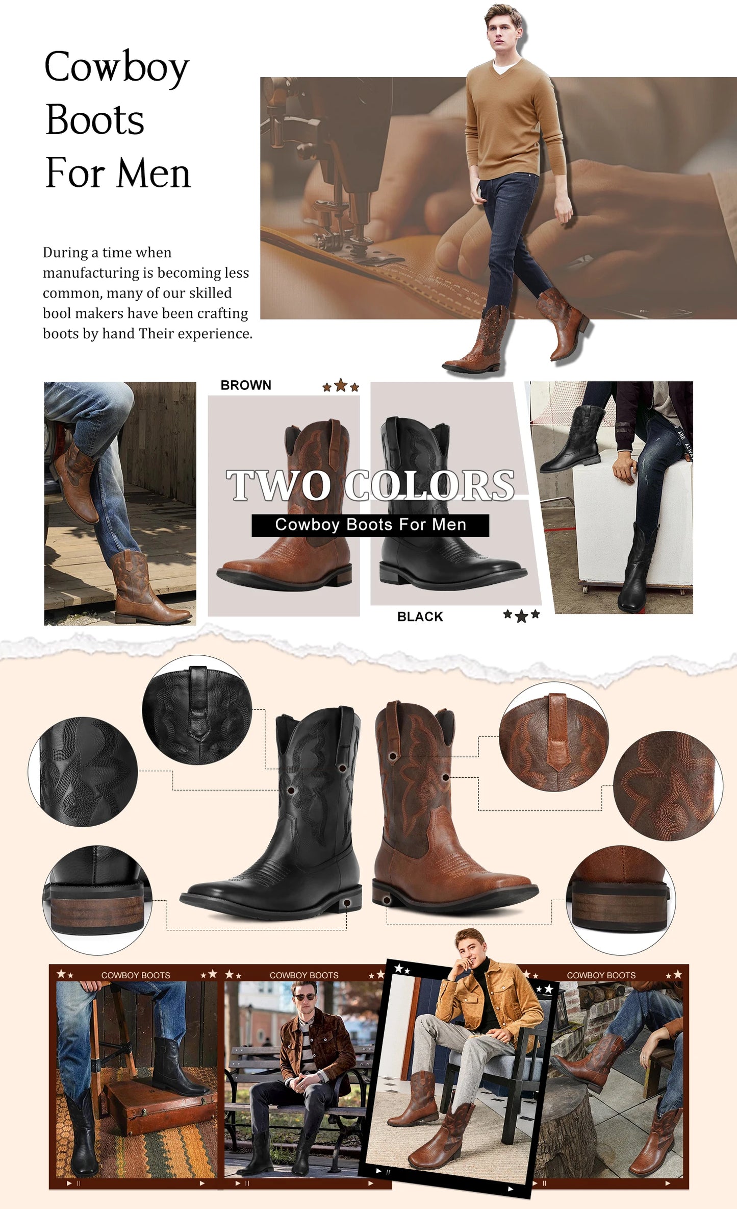 Men's Authentic Western Boots: Black Square Toe with Old West Embroidery