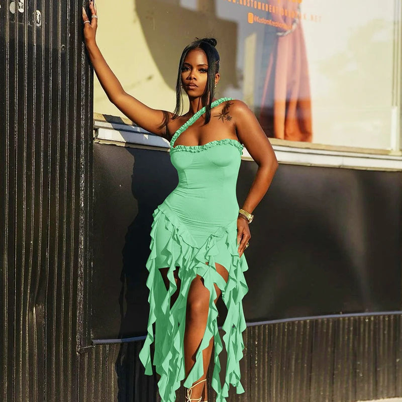 Hugcitar Elegant Halter Solid Ruffles Backless Taseel Sexy Slim