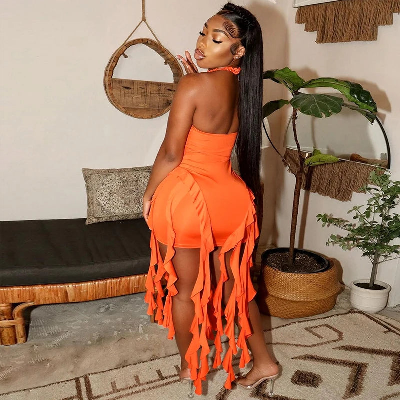 Hugcitar Elegant Halter Solid Ruffles Backless Taseel Sexy Slim