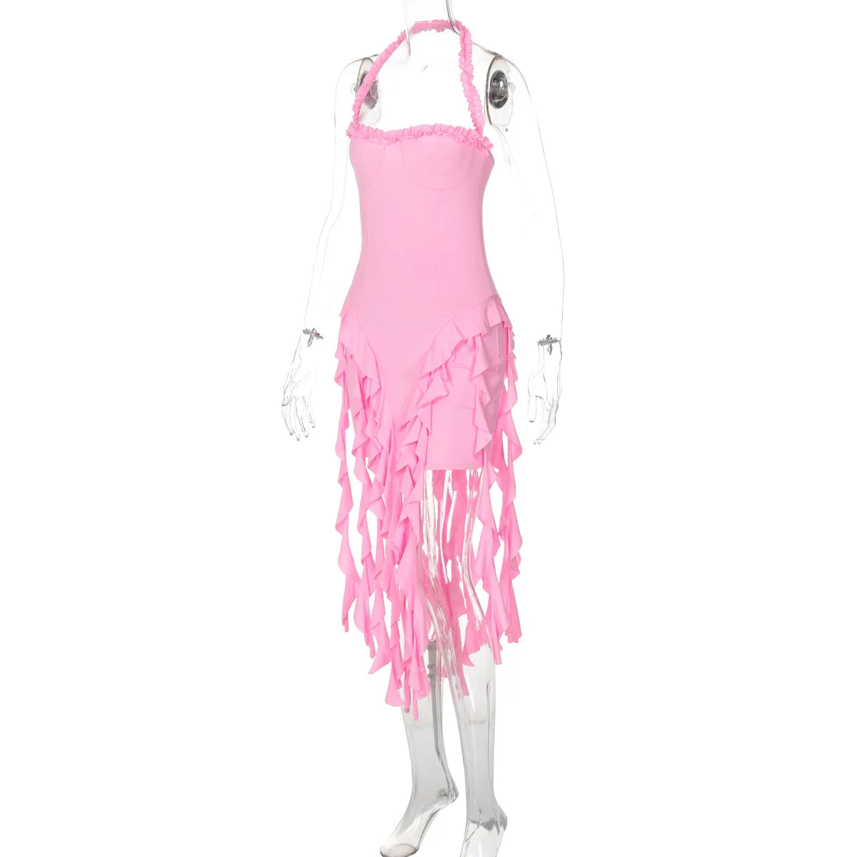 Hugcitar Elegant Halter Solid Ruffles Backless Taseel Sexy Slim