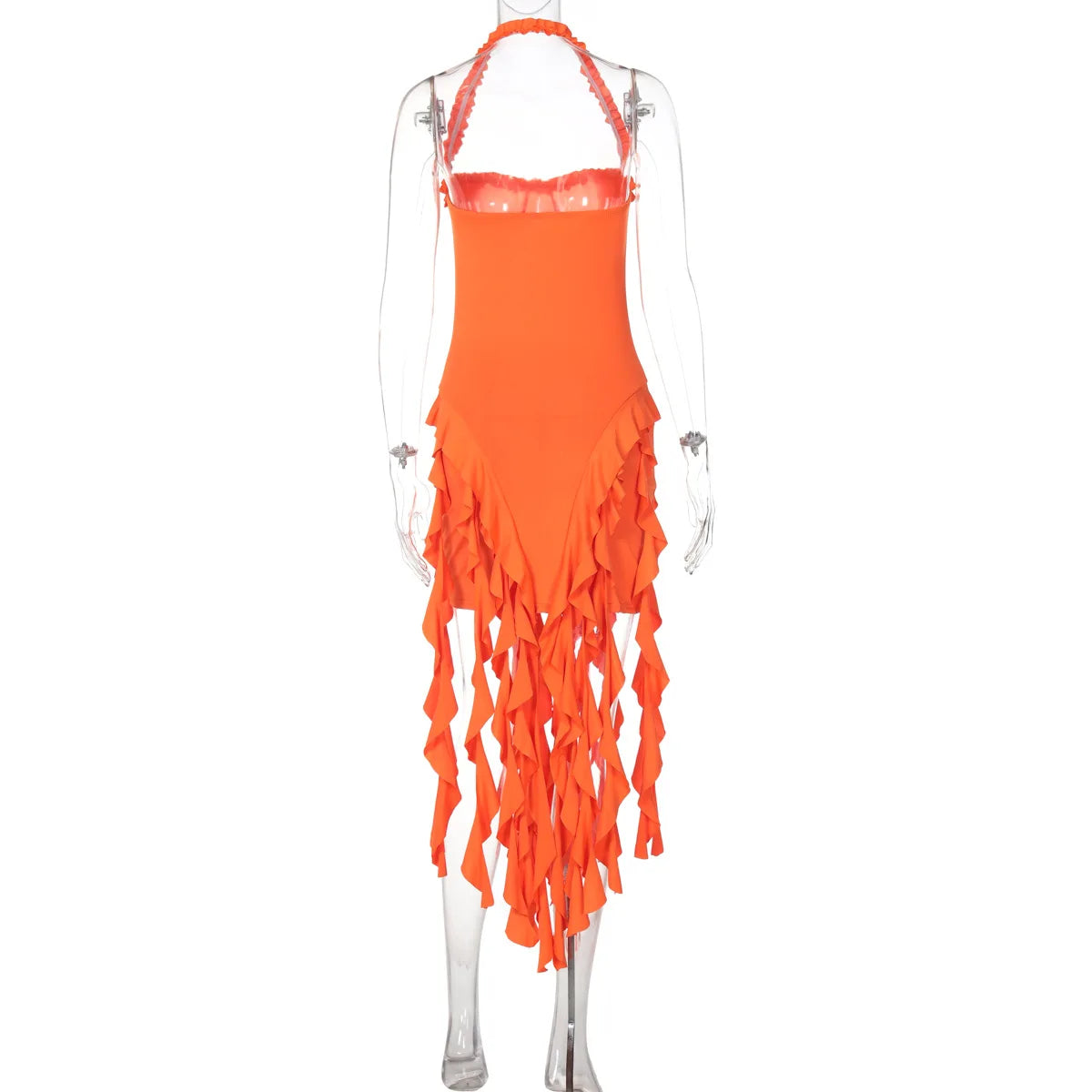 Hugcitar Elegant Halter Solid Ruffles Backless Taseel Sexy Slim