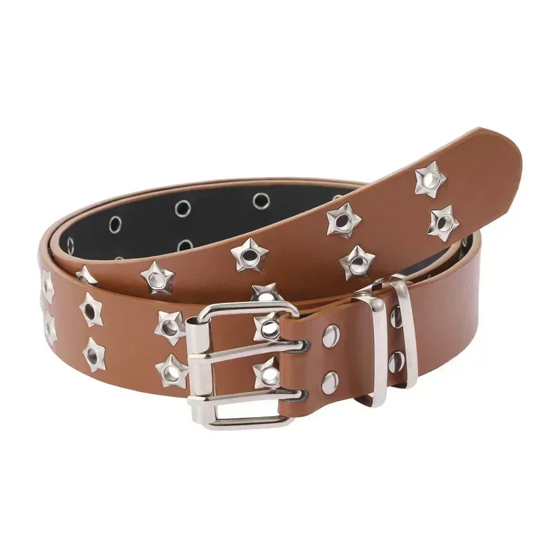 Star Eye Rivet Belt Goth Style Double Pin Buckle Men Woman Fashion Casual
