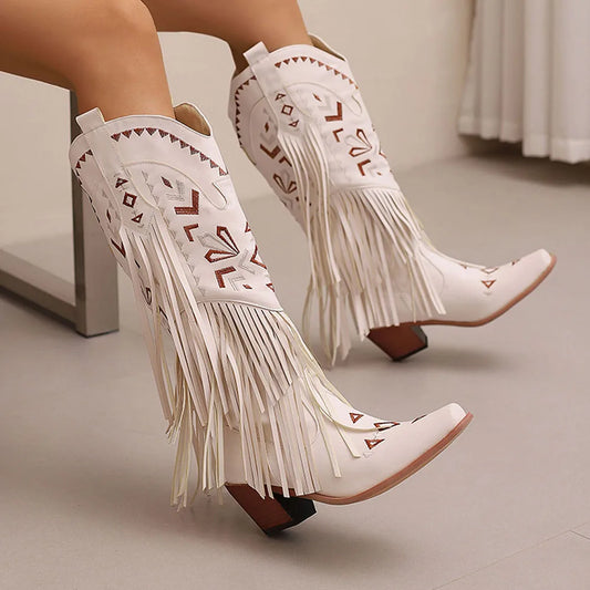 Cowgirl Mid-Calf Women Western Boots  Heel Cowboy Shoes