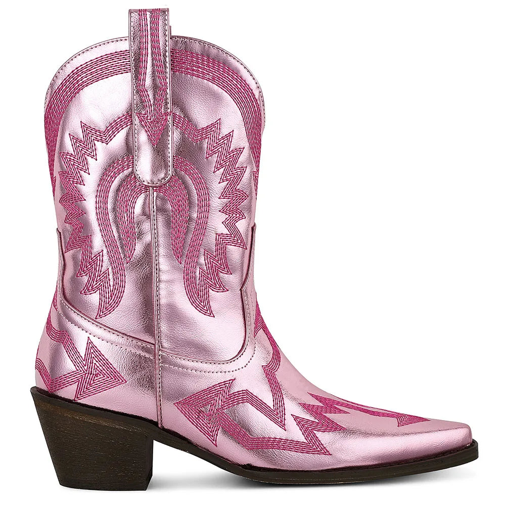 Women's Metallic Cowboy Boots Embroider Pointed