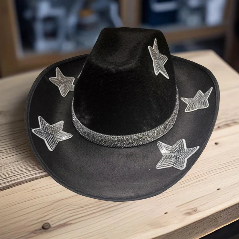 Women Glitter Cowboy Hat with Sequin Stars