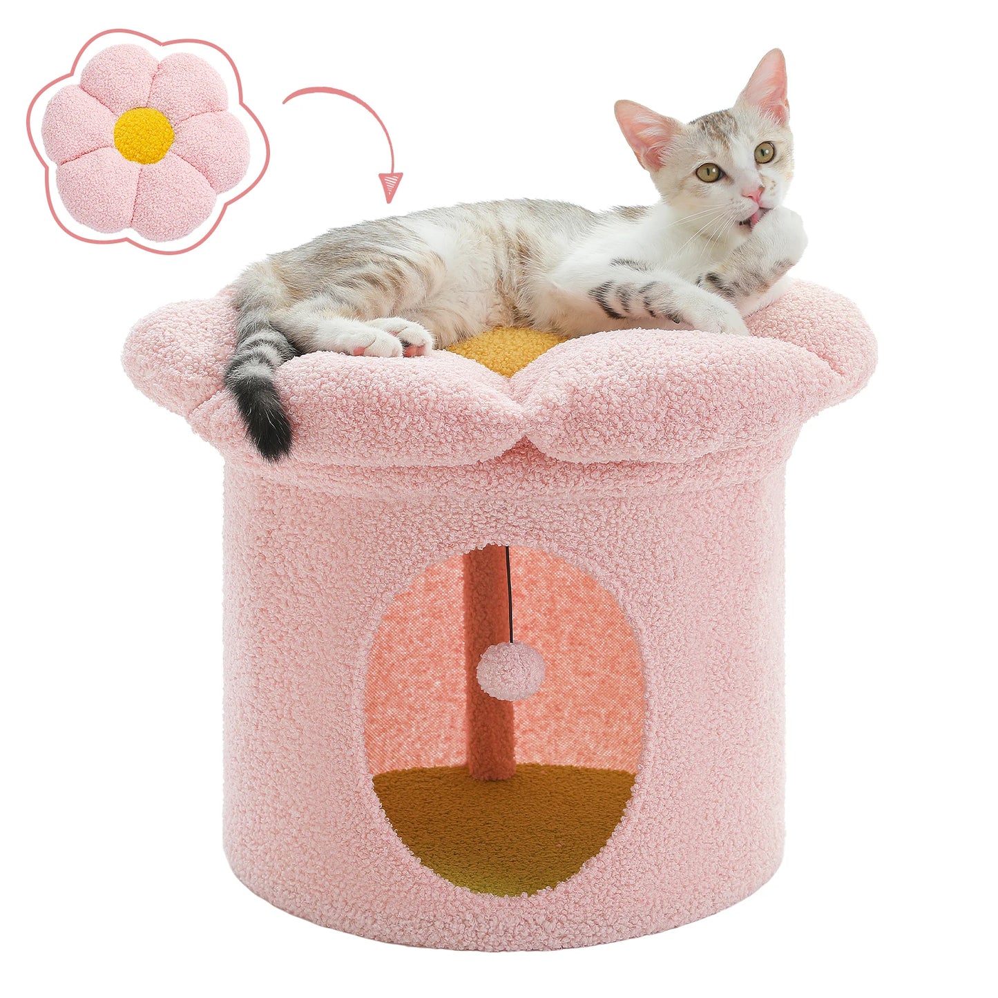 Cat Beds for Indoor Cats, Large Cat House with Removable Flower Cat Bed
