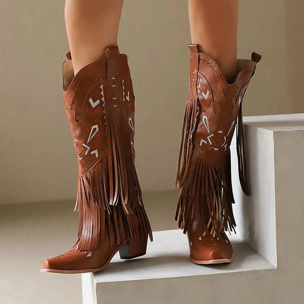 Cowgirl Mid-Calf Women Western Boots  Heel Cowboy Shoes