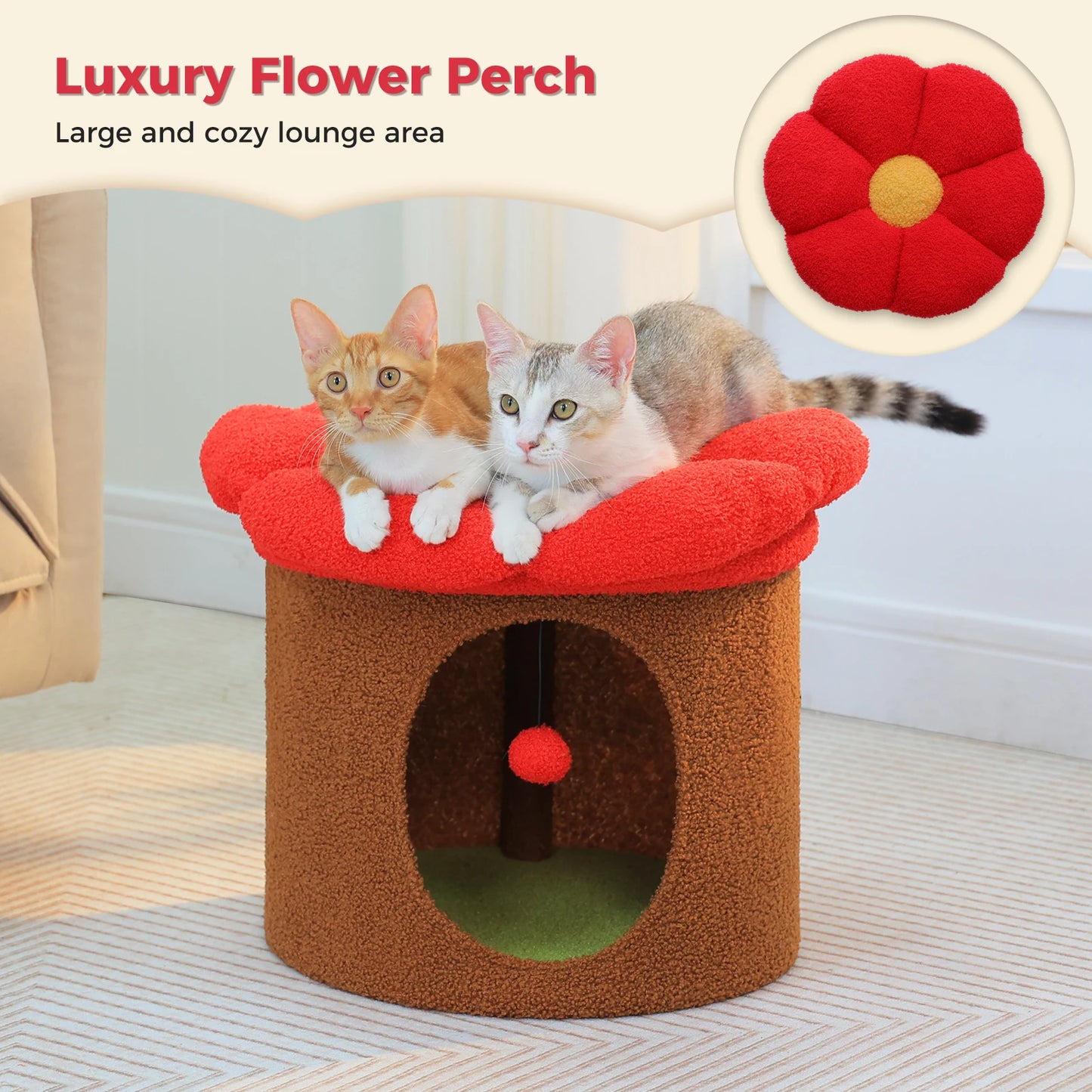 Cat Beds for Indoor Cats, Large Cat House with Removable Flower Cat Bed