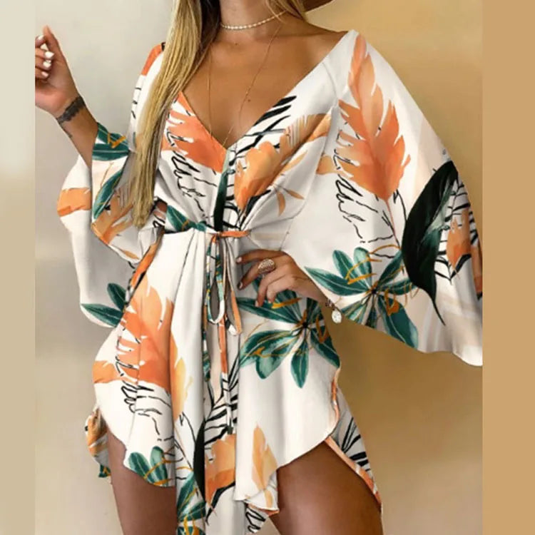 Women Print Dress Sexy V-Neck Bat Sleeve