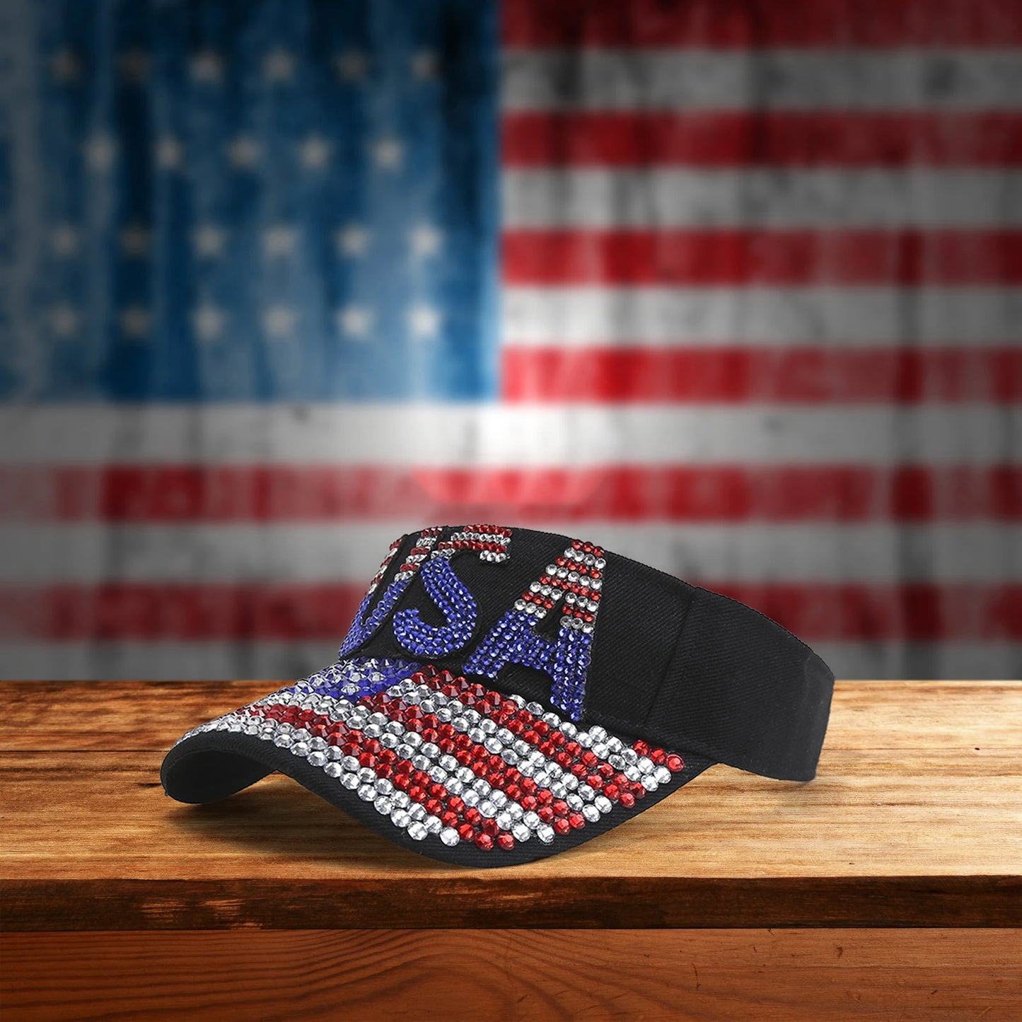 Stylish Women s Rhinestone Embellished Patriotic Sun Visor