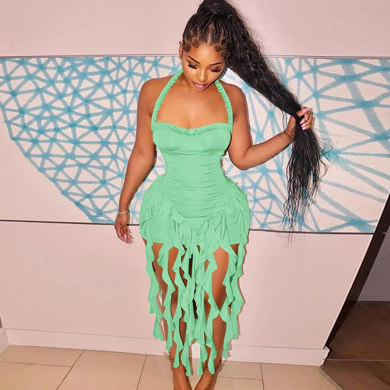 Hugcitar Elegant Halter Solid Ruffles Backless Taseel Sexy Slim