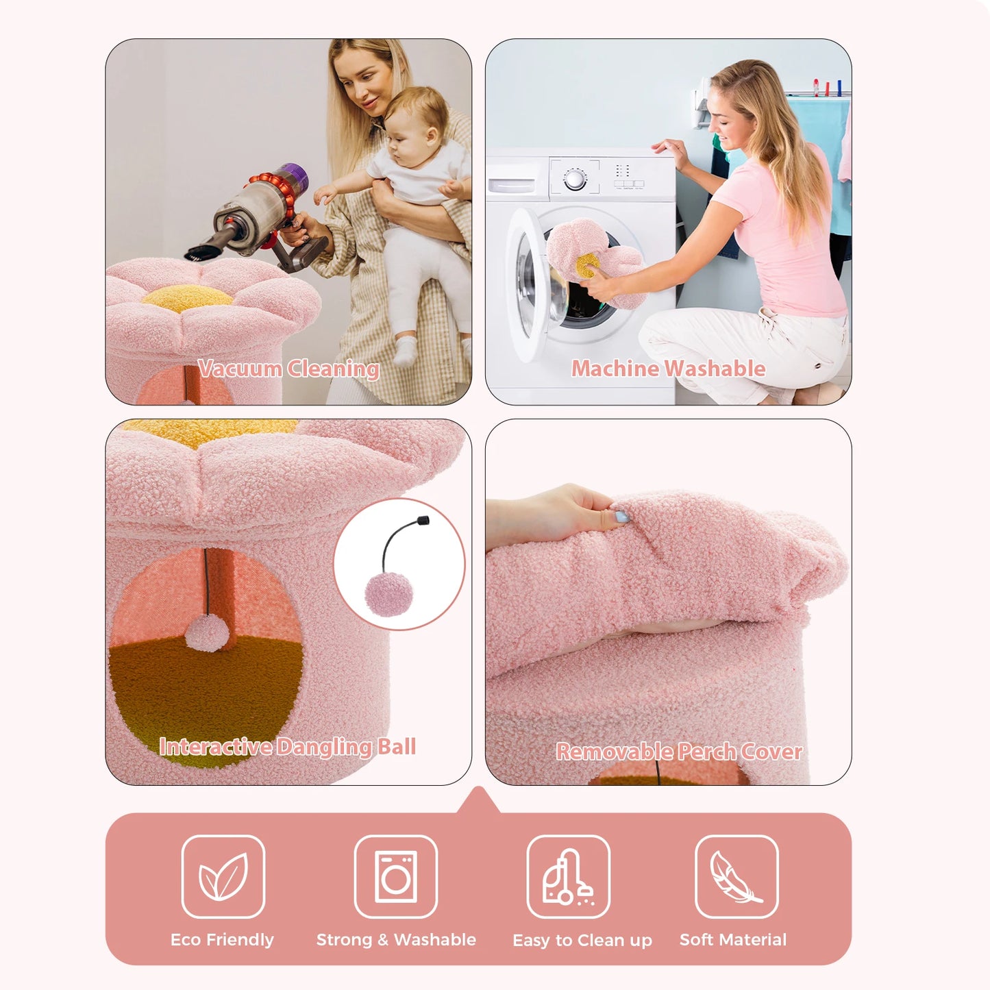 Cat Beds for Indoor Cats, Large Cat House with Removable Flower Cat Bed