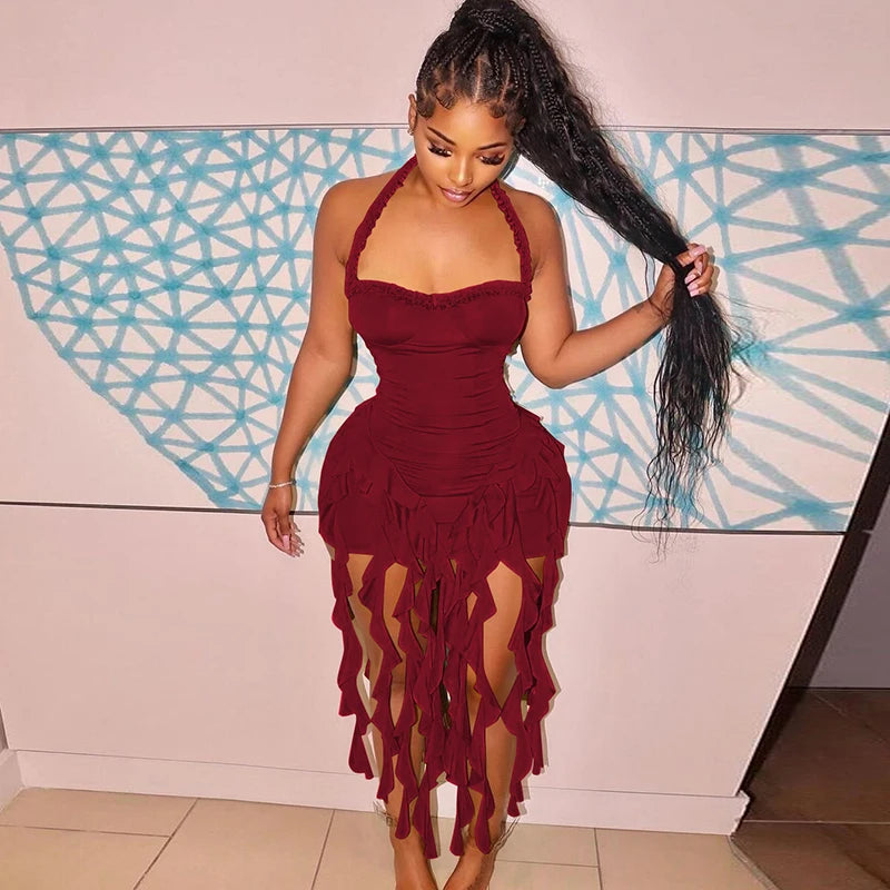 Hugcitar Elegant Halter Solid Ruffles Backless Taseel Sexy Slim